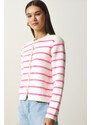 Happiness İstanbul Women's Bone Pink Stylish Buttoned Striped Knitwear Cardigan