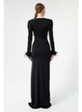 Lafaba Women's Black Double-breasted Collar Evening Dress with Pile Sleeves and Slits.