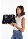 Madamra Women's Black Patent Leather Large Quilted Chain Bag