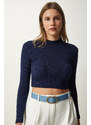 Happiness İstanbul Women's Navy Blue Corded Turtleneck Crop Knitted Blouse
