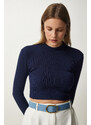 Happiness İstanbul Women's Navy Blue Corded Turtleneck Crop Knitted Blouse