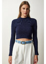 Happiness İstanbul Women's Navy Blue Corded Turtleneck Crop Knitted Blouse