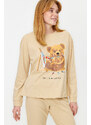 Trendyol Beige 100% Cotton Teddy Bear Printed Tshirt-Jogger Knitted Pajama Set