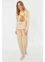 Trendyol Beige 100% Cotton Teddy Bear Printed Tshirt-Jogger Knitted Pajama Set