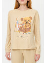 Trendyol Beige 100% Cotton Teddy Bear Printed Tshirt-Jogger Knitted Pajama Set