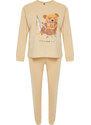 Trendyol Beige 100% Cotton Teddy Bear Printed Tshirt-Jogger Knitted Pajama Set