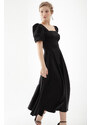 Lafaba Women's Black Square Neck Balloon Sleeve Midi Evening Dress
