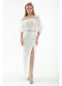 Lafaba Women's White Balloon Sleeve and Stone Belted Long Evening Dress