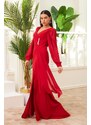 Carmen Red Chiffon Long Evening Dress with Buckle Detail