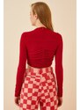 Happiness İstanbul Women's Vivid Red Pleated Crop Knitted Blouse