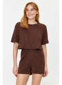 Trendyol Brown Corded Cotton Tshirt-Shorts Knitted Pajama Set