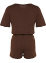 Trendyol Brown Corded Cotton Tshirt-Shorts Knitted Pajama Set