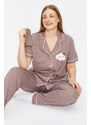 Trendyol Curve Mink Polka Dot Patterned Shirt Collar Knitted Pajamas Set