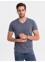 Ombre Clothing Pánské klasické bavlněné tričko BASIC s výstřihem do V - modrá melanž V7 OM-TSBS-0145