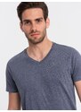 Ombre Clothing Pánské klasické bavlněné tričko BASIC s výstřihem do V - modrá melanž V7 OM-TSBS-0145