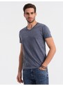 Ombre Clothing Pánské klasické bavlněné tričko BASIC s výstřihem do V - modrá melanž V7 OM-TSBS-0145