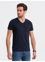 Ombre Clothing Pánské klasické bavlněné tričko BASIC s výstřihem do V - tmavě modrá V2 OM-TSBS-0145