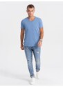 Ombre Clothing Pánské klasické bavlněné tričko BASIC s výstřihem do V - modrá V5 OM-TSBS-0145