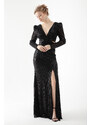 Lafaba Women's Black V-Neck Waist Decollete Sequined Long Evening Dress