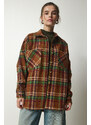 Happiness İstanbul Women's Biscuit Green Patterned Oversize Cachet Lumberjack Shirt