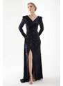 Lafaba Women's Navy Blue Double Breasted Collar Sequined Long Stone Evening Dress