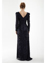 Lafaba Women's Navy Blue Double Breasted Collar Sequined Long Stone Evening Dress