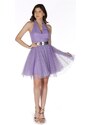 Carmen Lilac Stone Tulle Belted Short Evening Dress