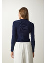 Happiness İstanbul Women's Navy Blue Zipper Collar Knitted Blouse