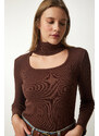 Happiness İstanbul Women's Brown Cut Out Detailed Turtleneck Ribbed Knitted Blouse