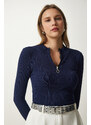 Happiness İstanbul Women's Navy Blue Zipper Collar Knitted Blouse