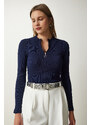 Happiness İstanbul Women's Navy Blue Zipper Collar Knitted Blouse