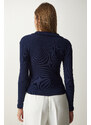 Happiness İstanbul Women's Navy Blue Polo Neck Ribbed Knitted Blouse