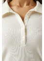 Happiness İstanbul Women's Ecru Buttoned Polo Neck Corded Knitted Blouse