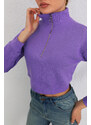 BİKELİFE Women's Lilac Zipper Fleece Knitted Sweatshirt Crop