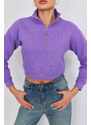 BİKELİFE Women's Lilac Zipper Fleece Knitted Sweatshirt Crop