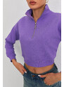 BİKELİFE Women's Lilac Zipper Fleece Knitted Sweatshirt Crop