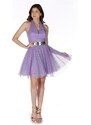 Carmen Lilac Stone Tulle Belted Short Evening Dress