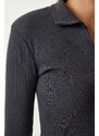 Happiness İstanbul Women's Anthracite Polo Neck Ribbed Knitted Blouse