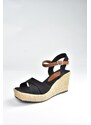 Fox Shoes Black Linen Wedge Heeled Shoes