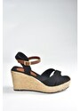 Fox Shoes Black Linen Wedge Heeled Shoes