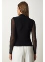 Happiness İstanbul Women's Black Chiffon Sleeve Gathered Knitted Blouse