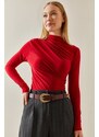 XHAN Red Draped Flowy & Lycra Blouse