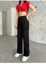 BİKELİFE Women's Black High Waist Multi Pockets Strap Detail Straight Fit Cargo Pants