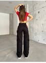 BİKELİFE Women's Black High Waist Multi Pockets Strap Detail Straight Fit Cargo Pants