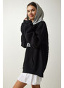 Happiness İstanbul Women's Black Hooded Rack Printed Sweatshirt