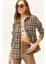 Olalook Women's Camel Navy Blue Plaid Lumberjack Shirt