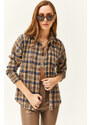 Olalook Women's Camel Navy Blue Plaid Lumberjack Shirt