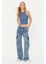 Trendyol Blue Cargo Pocket High Waist Wide Leg Jeans