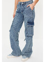 Trendyol Blue Cargo Pocket High Waist Wide Leg Jeans