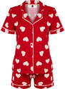 Trendyol Red 100% Cotton Heart Patterned Piping Detailed Shirt-Shorts Knitted Pajamas Set